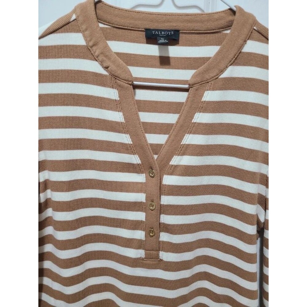 Talbots Tan & Cream Striped Ribbed Henley SP - Picture 3 of 4